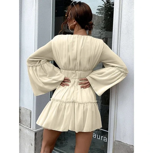 Plunging v Neck Frill Ruffle Hem long sleeve Chiffon mini Dress white - Picture 3 of 11